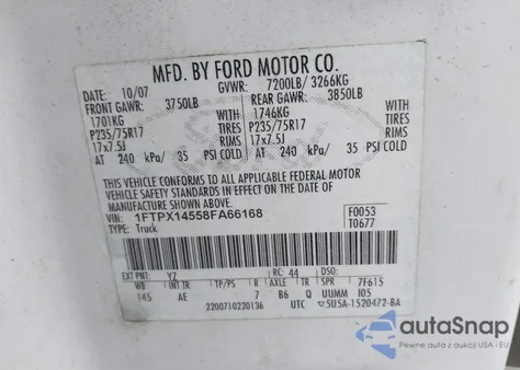 2008 Ford F-150 Fx4/Lariat/Xl/Xlt z USA, uszkodzony, nr VIN 1FTPX14558FA66168